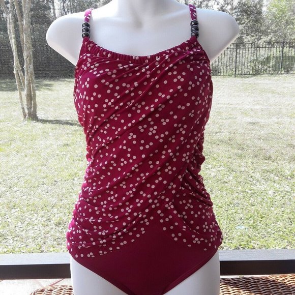 New Venus Burgundy Red Faux Wrap Polka Dot One Piece - Picture 1 of 2